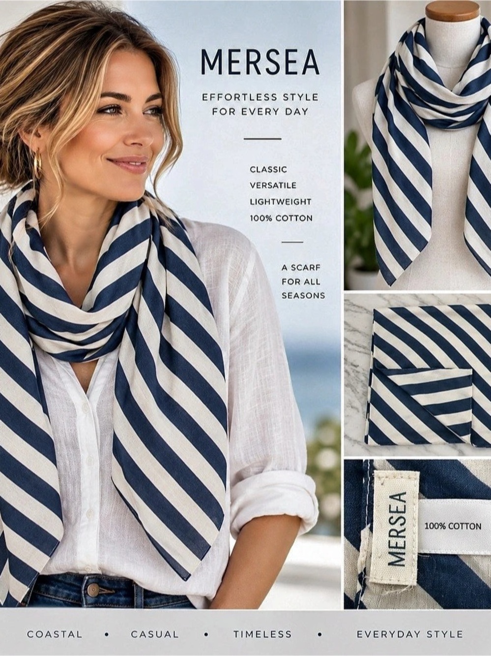 Mersea Bandana Scarf Cotton Striped Blue & Cream